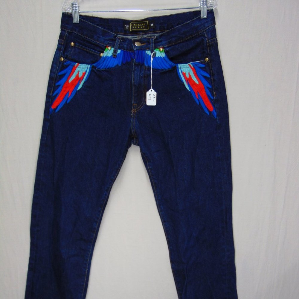 Rich Gang Jeans Mens Size 34 Regular Blue Casual Straight Leg Embroidered